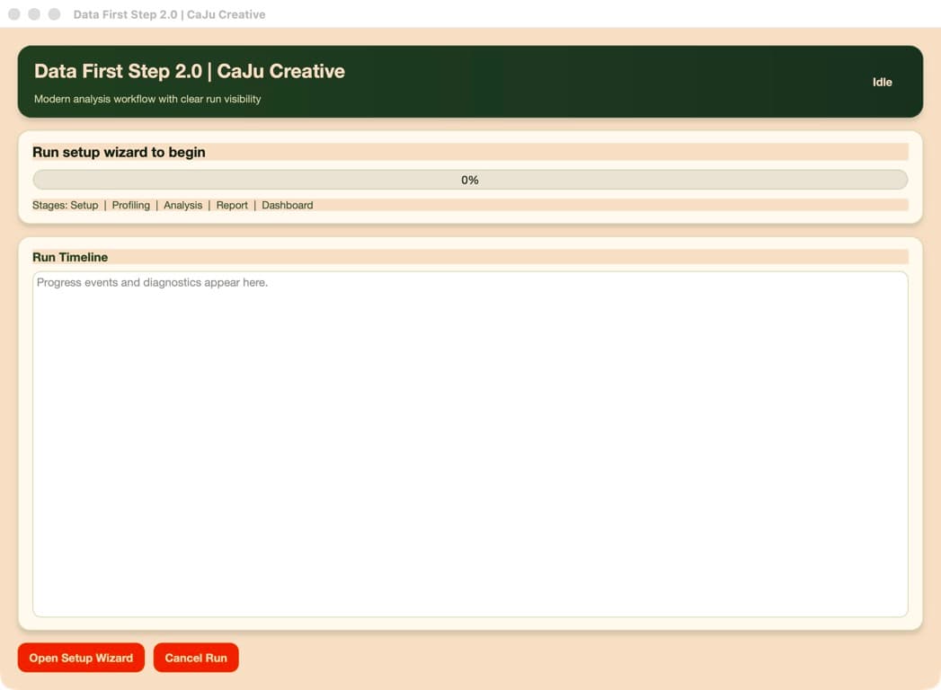 The Data First Step application opening screen, showing the analysis workflow, run timeline, and setup action.