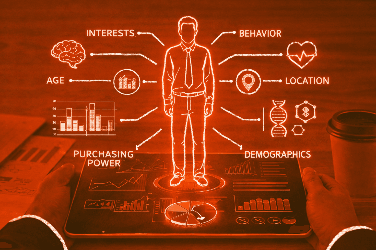 Illustrated customer insight modeling visual with demographic and behavioral signals