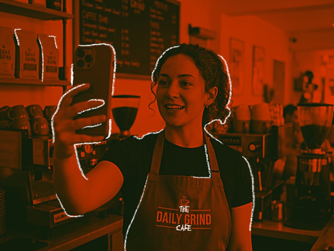 Orange-toned visual of a cafe worker filming content on a phone