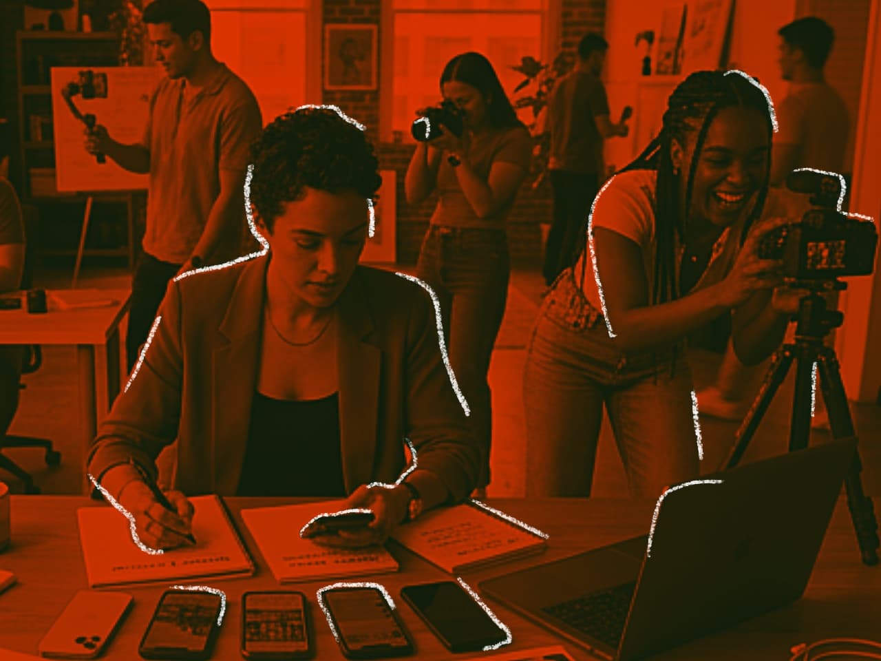 Orange-toned visual of a creator-management workspace with filming and planning in progress