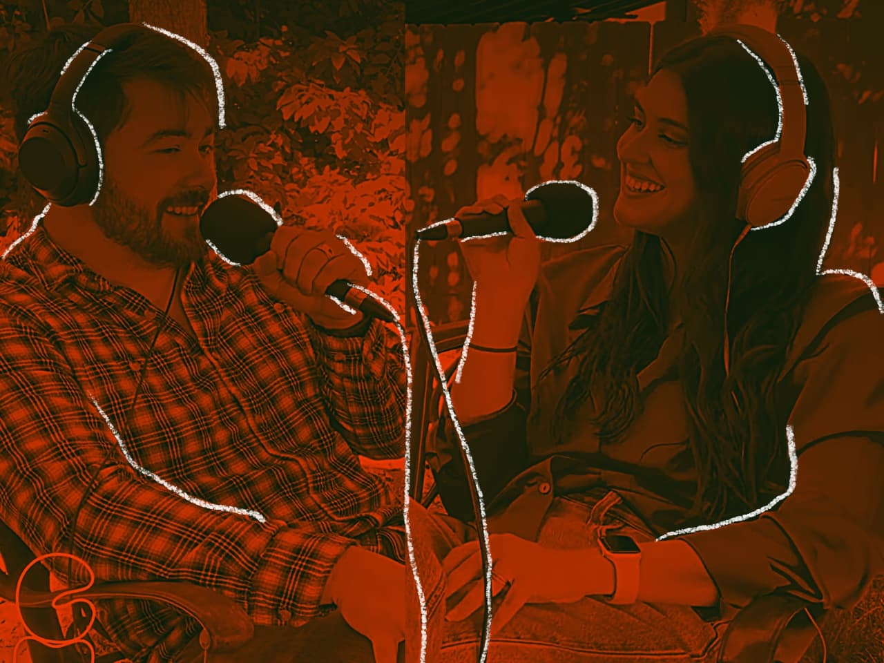 Orange-toned visual of two hosts recording a podcast conversation with microphones